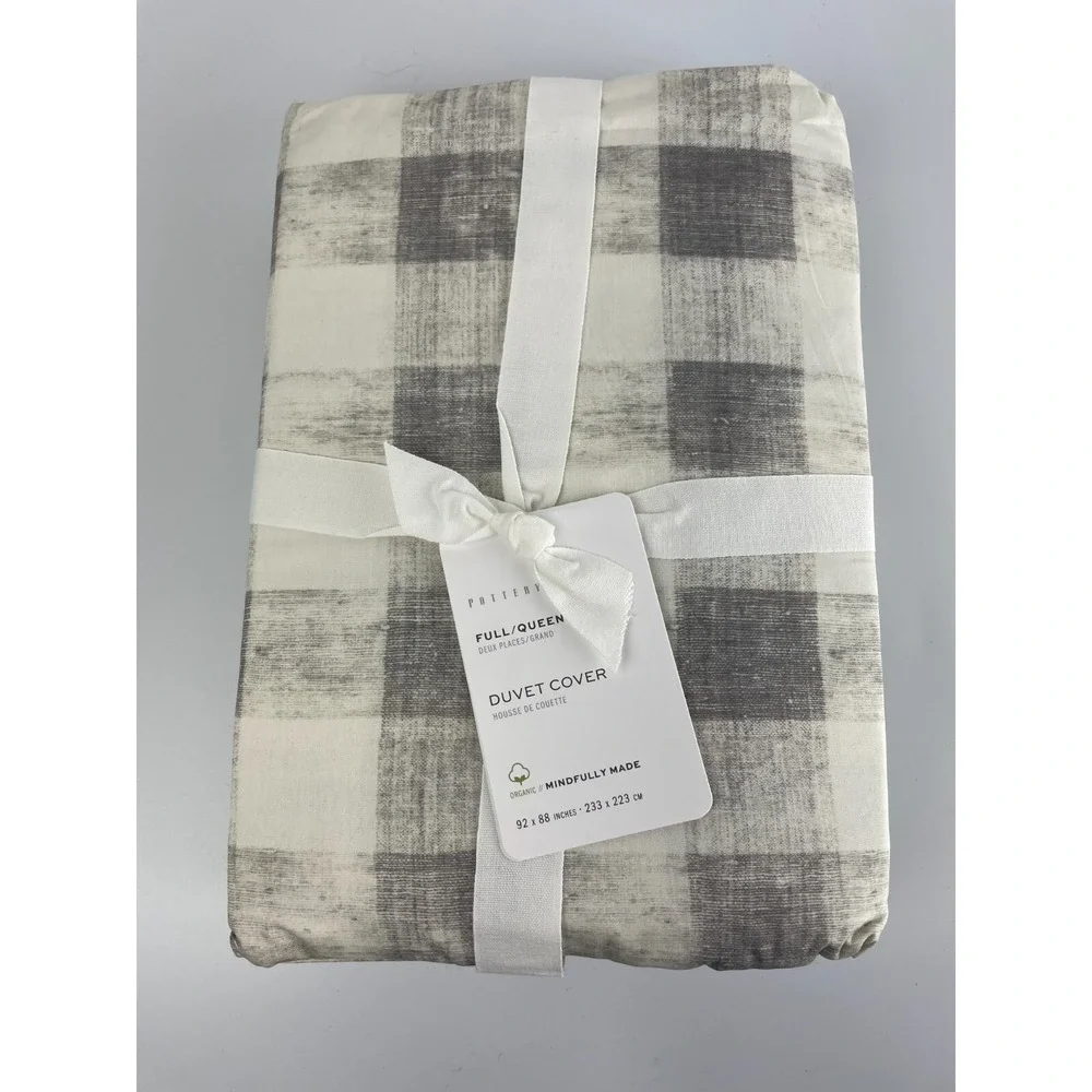 Pottery Barn Rhett Check Organic Percale Duvet Cover Full/Queen Gray NWT $149